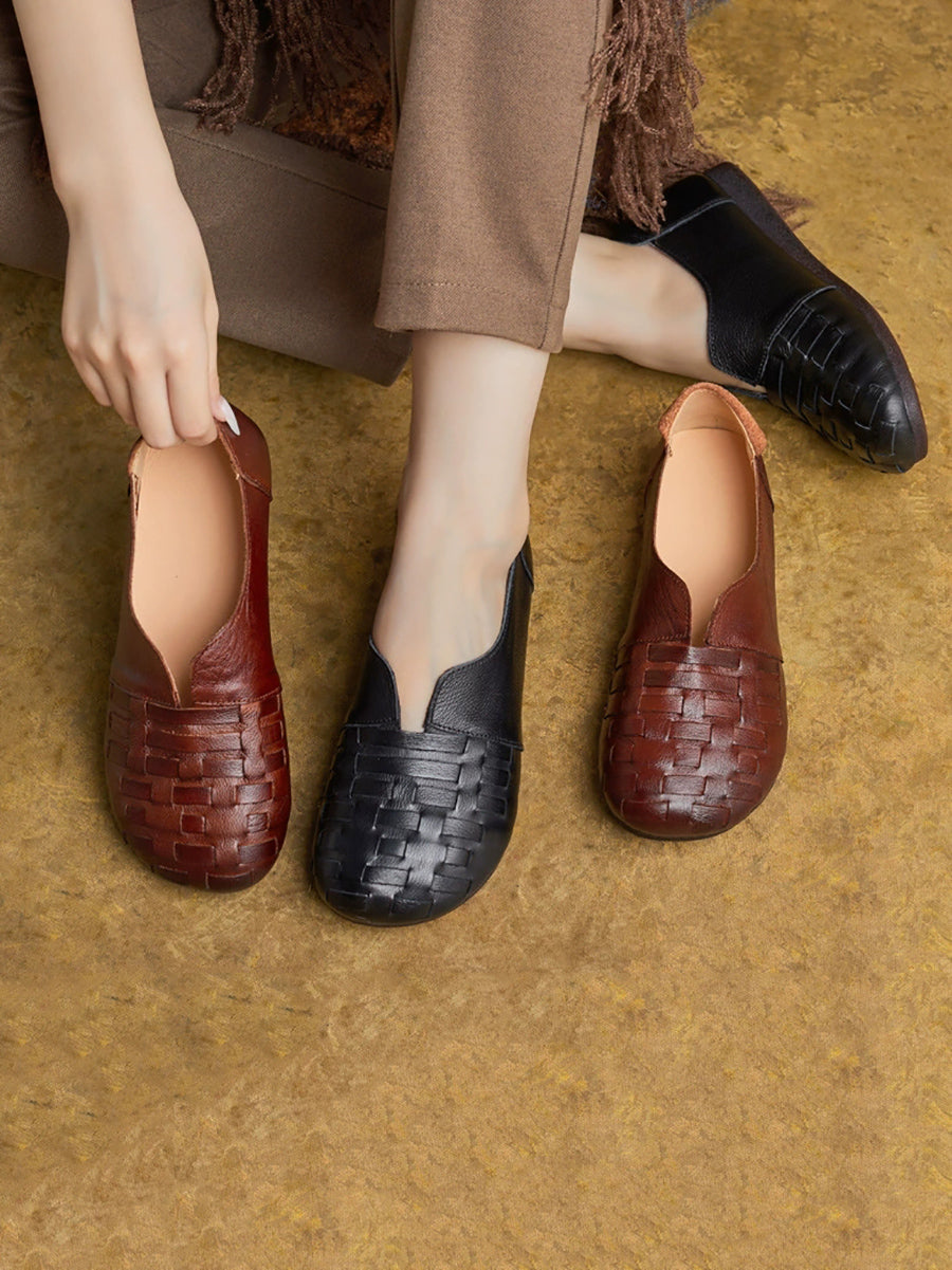 Women Vintage Genuine Leather Weave Flat Shoes