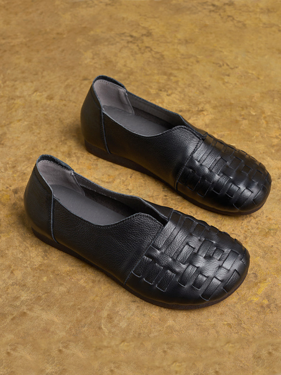 Women Vintage Genuine Leather Weave Flat Shoes