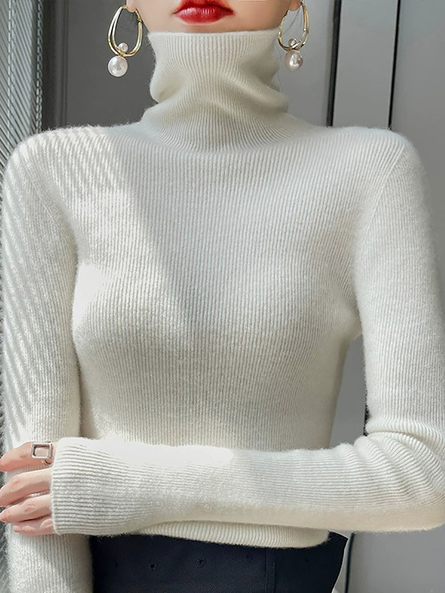 Women Autumn Casual Pure Color Knitted Turtleneck Sweater