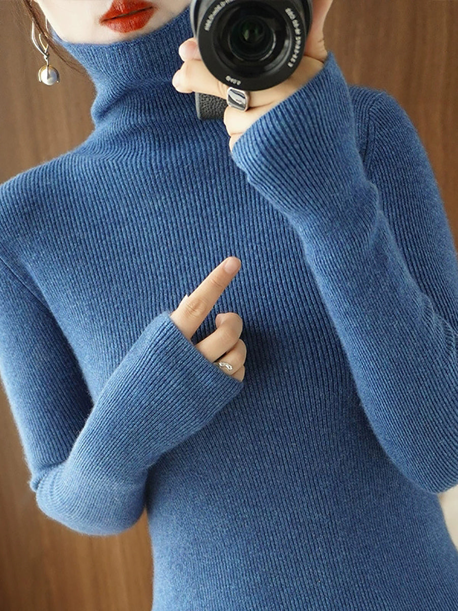 Women Autumn Casual Pure Color Knitted Turtleneck Sweater