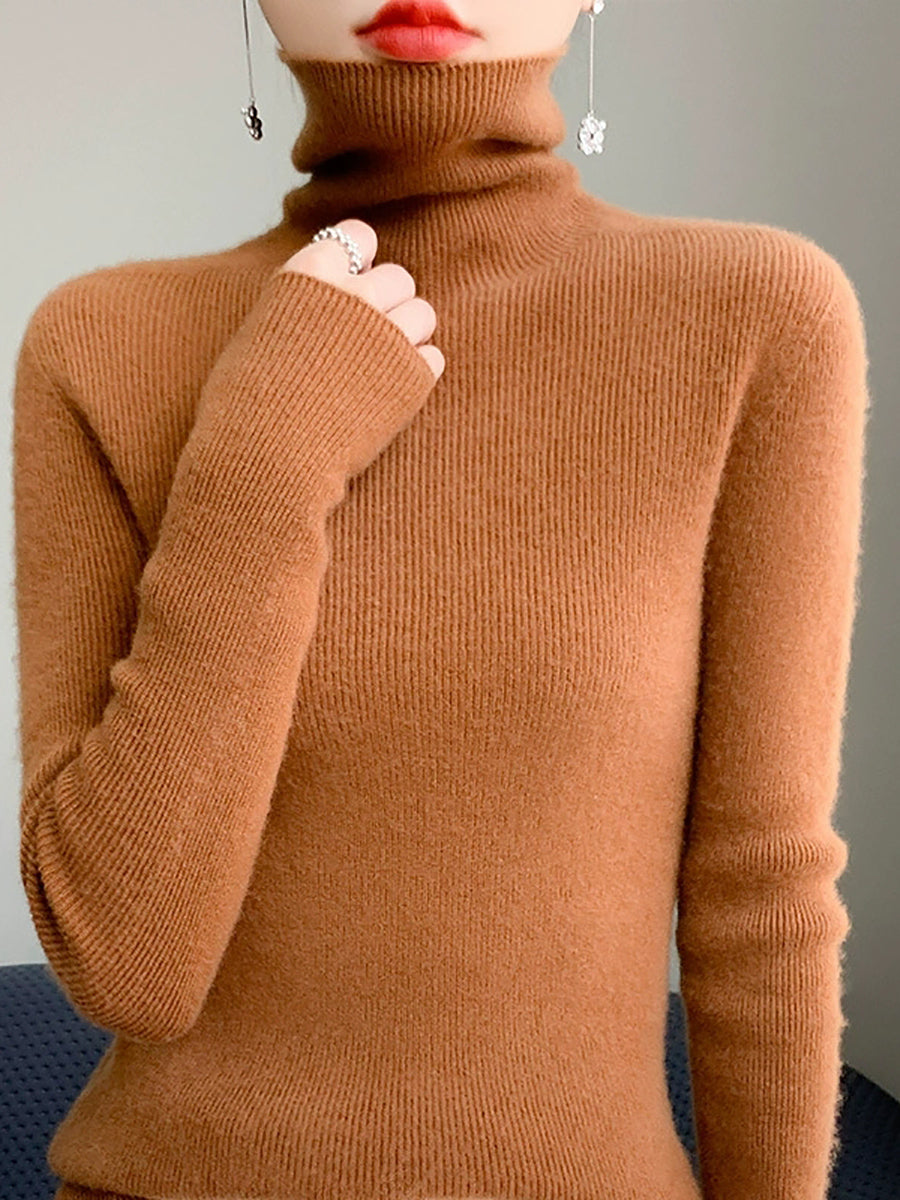 Women Autumn Casual Pure Color Knitted Turtleneck Sweater