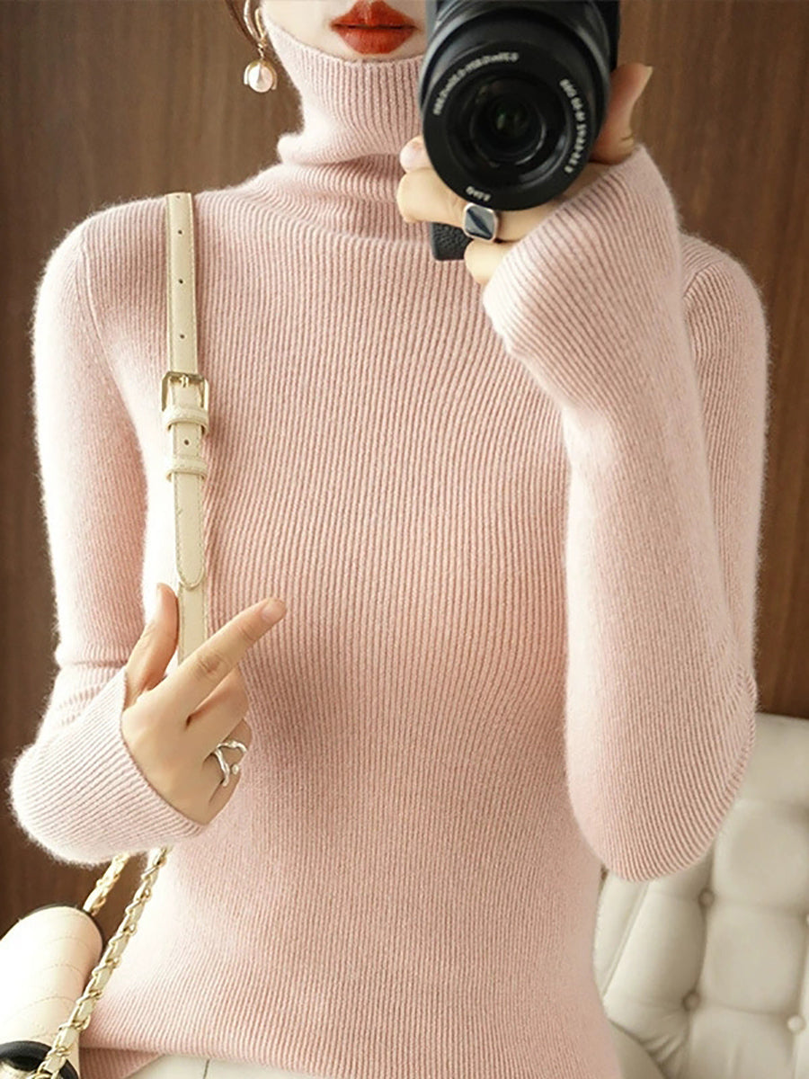 Women Autumn Casual Pure Color Knitted Turtleneck Sweater