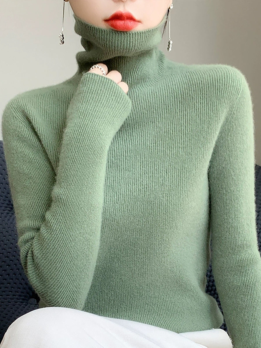 Women Autumn Casual Pure Color Knitted Turtleneck Sweater