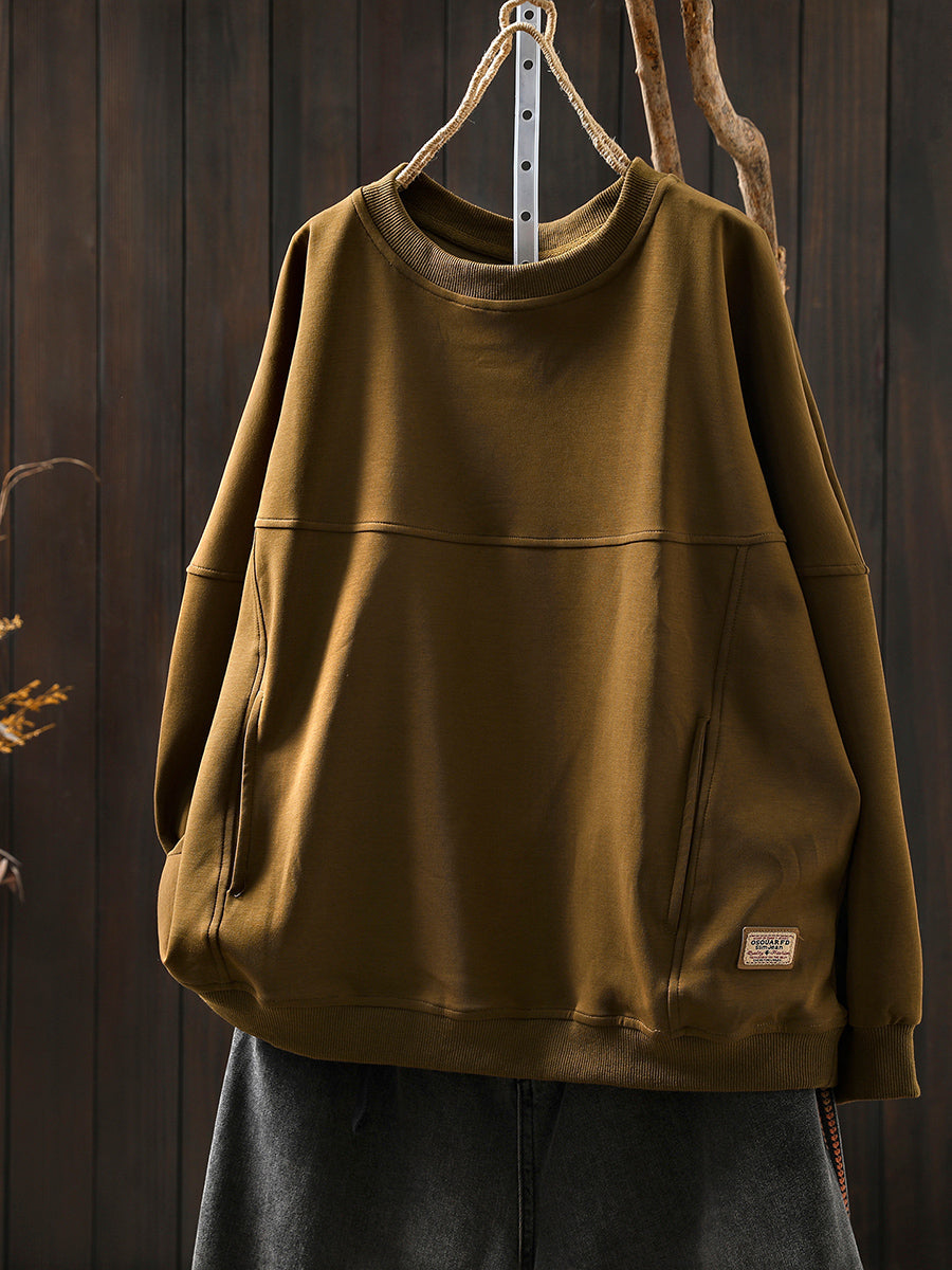 Women Autumn Retro Pure Color O-Neck Cotton Blouse