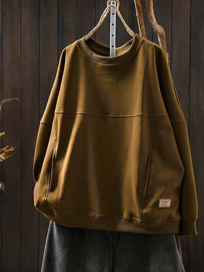 Women Autumn Retro Pure Color O-Neck Cotton Blouse