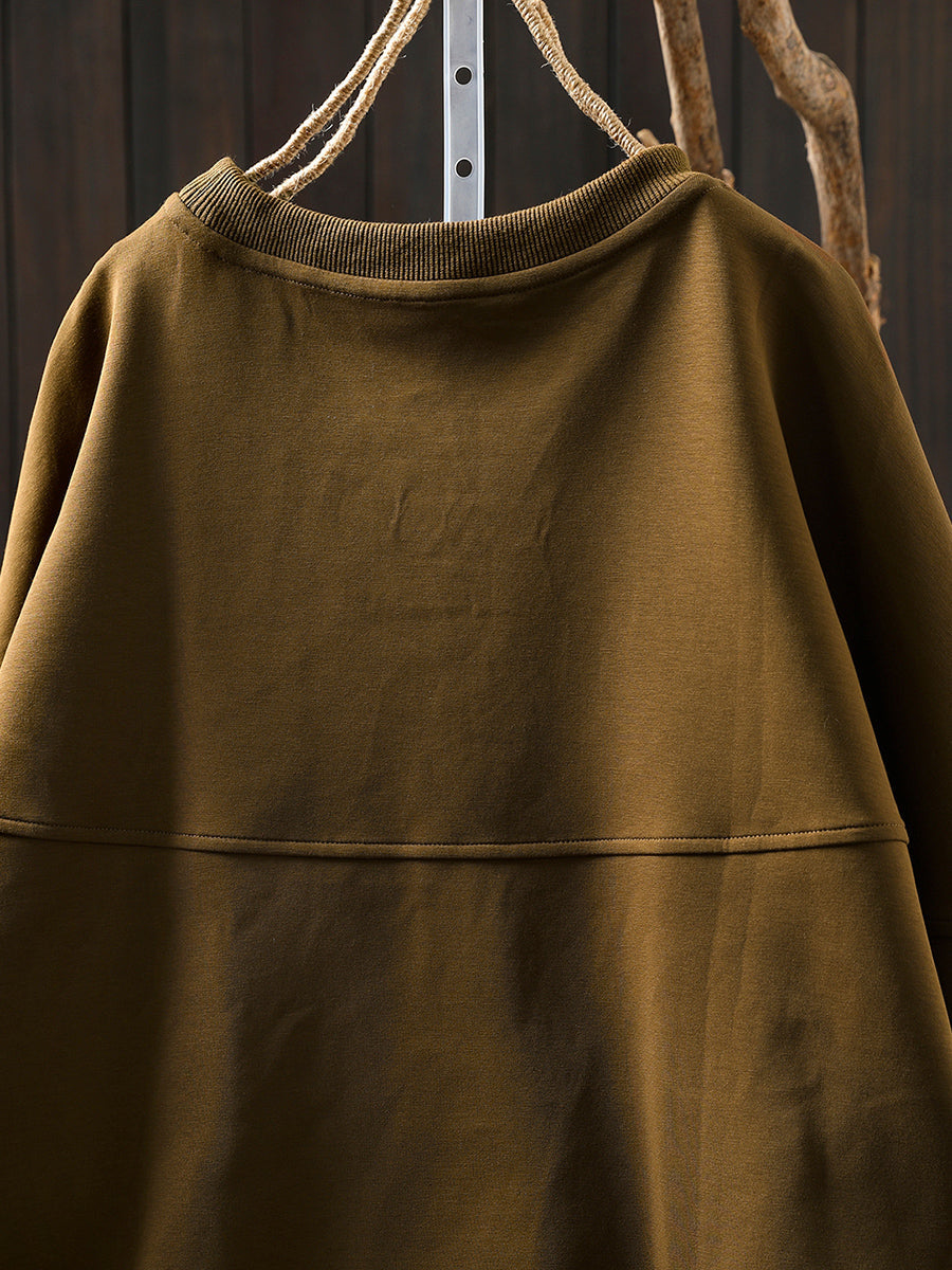 Women Autumn Retro Pure Color O-Neck Cotton Blouse