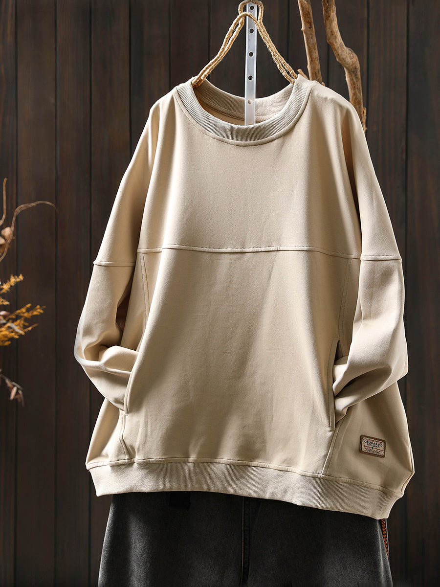 Women Autumn Retro Pure Color O-Neck Cotton Blouse