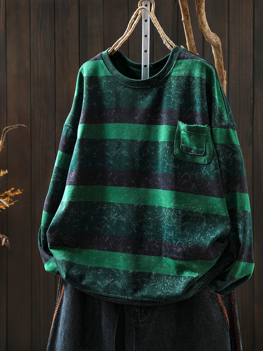 Women Autumn Retro Stripe O-Neck 100%Cotton Blouse