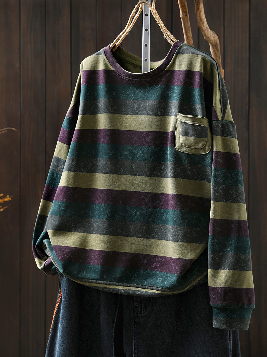 Women Autumn Retro Stripe O-Neck 100%Cotton Blouse