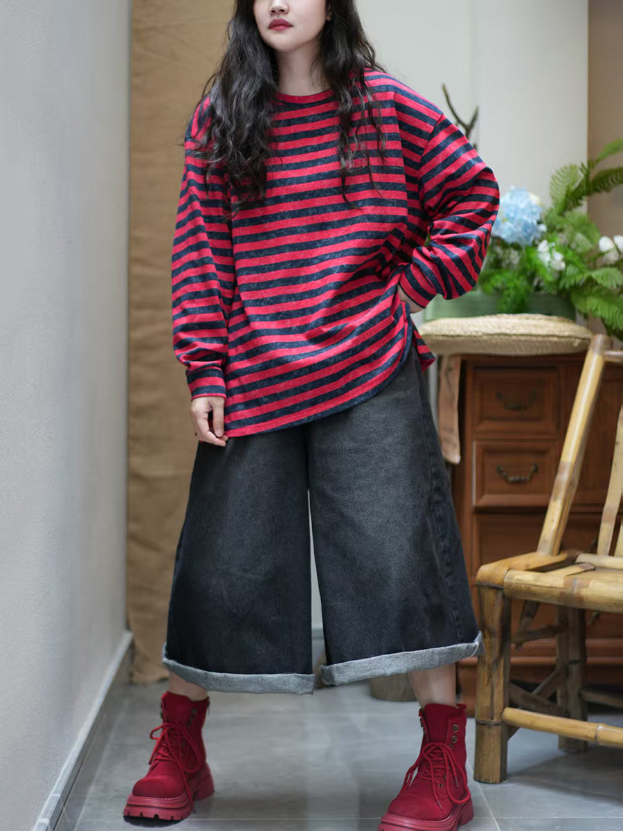 Women Autumn Casual Stripe O-Neck 100%Cotton Blouse