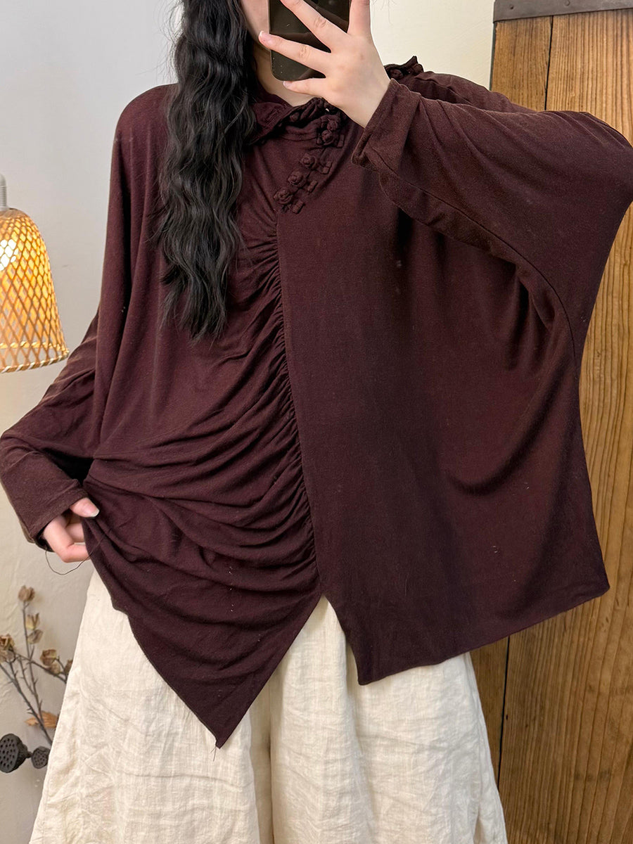 Women Autumn Retro Shirred Spliced Cotton Shirt