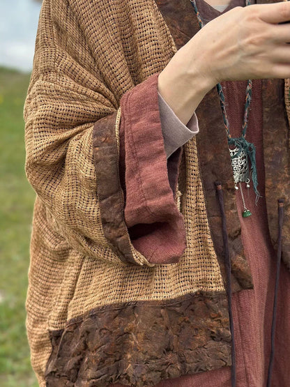 Women Autumn Retro Spliced Linen Cardigan Jacket