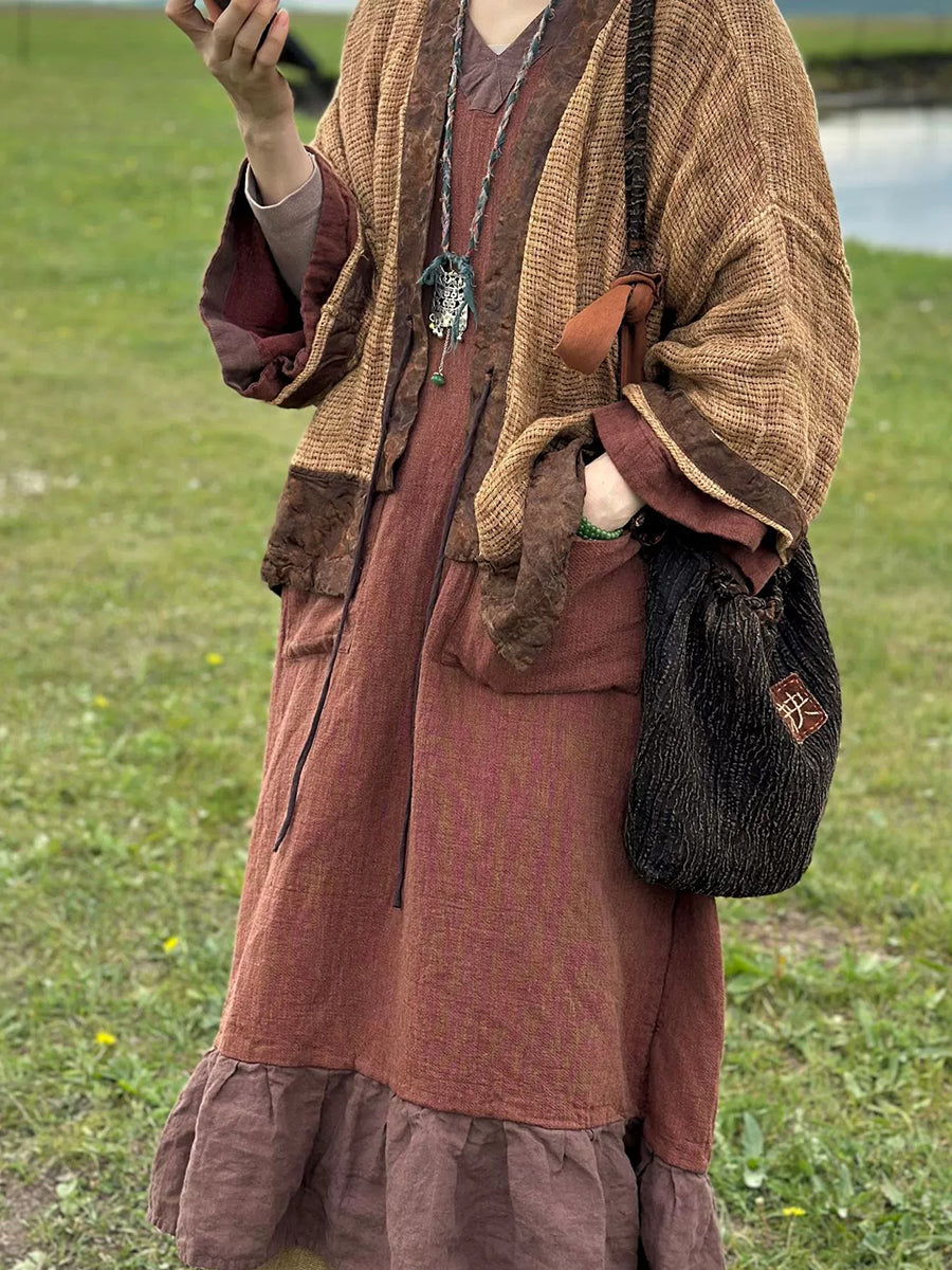 Women Autumn Retro Spliced Linen Cardigan Jacket