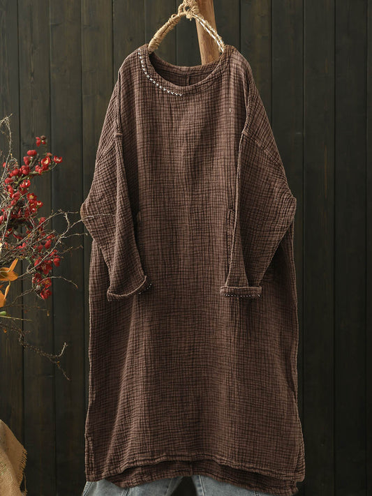 Women Autumn Retro Pure Color Folds O-Neck Cotton Dress