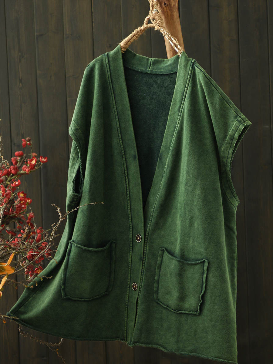 Women Autumn Worn Pure Color V-Neck Cotton Vest