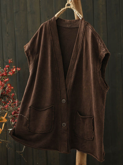 Women Autumn Worn Pure Color V-Neck Cotton Vest