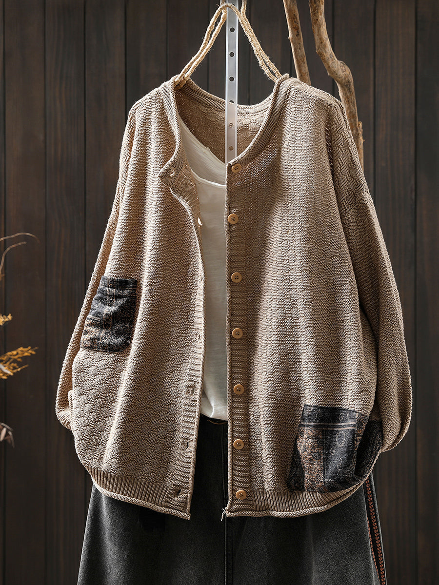 Women Autumn Retro Patch O-Neck Knitted Sweater