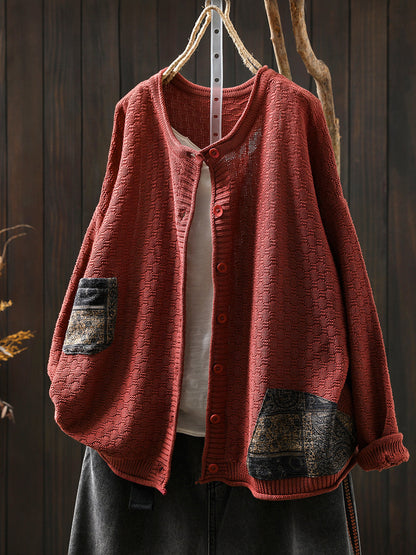 Women Autumn Retro Patch O-Neck Knitted Sweater