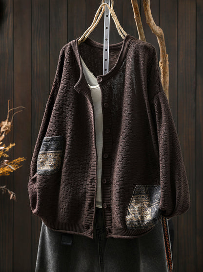 Women Autumn Retro Patch O-Neck Knitted Sweater