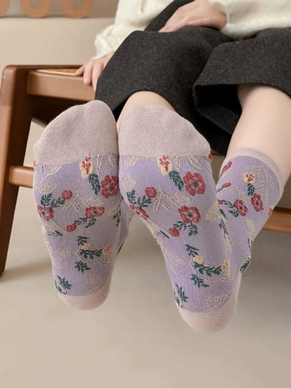 5 Pairs Women Artsy Flower Jacquard Cotton Socks