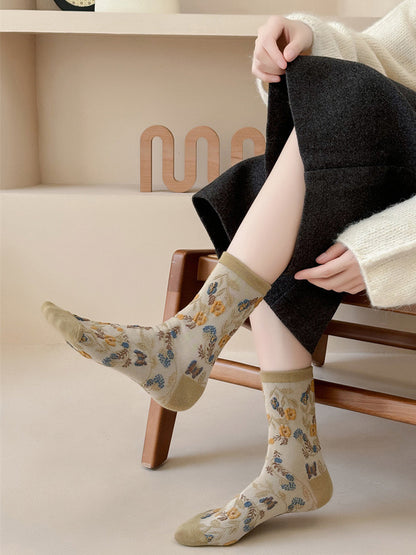 5 Pairs Women Artsy Flower Jacquard Cotton Socks