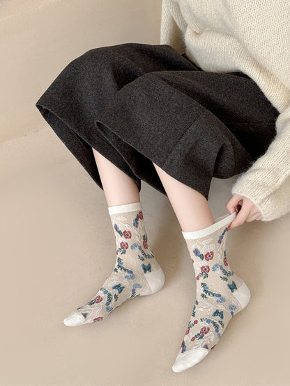5 Pairs Women Artsy Flower Jacquard Cotton Socks