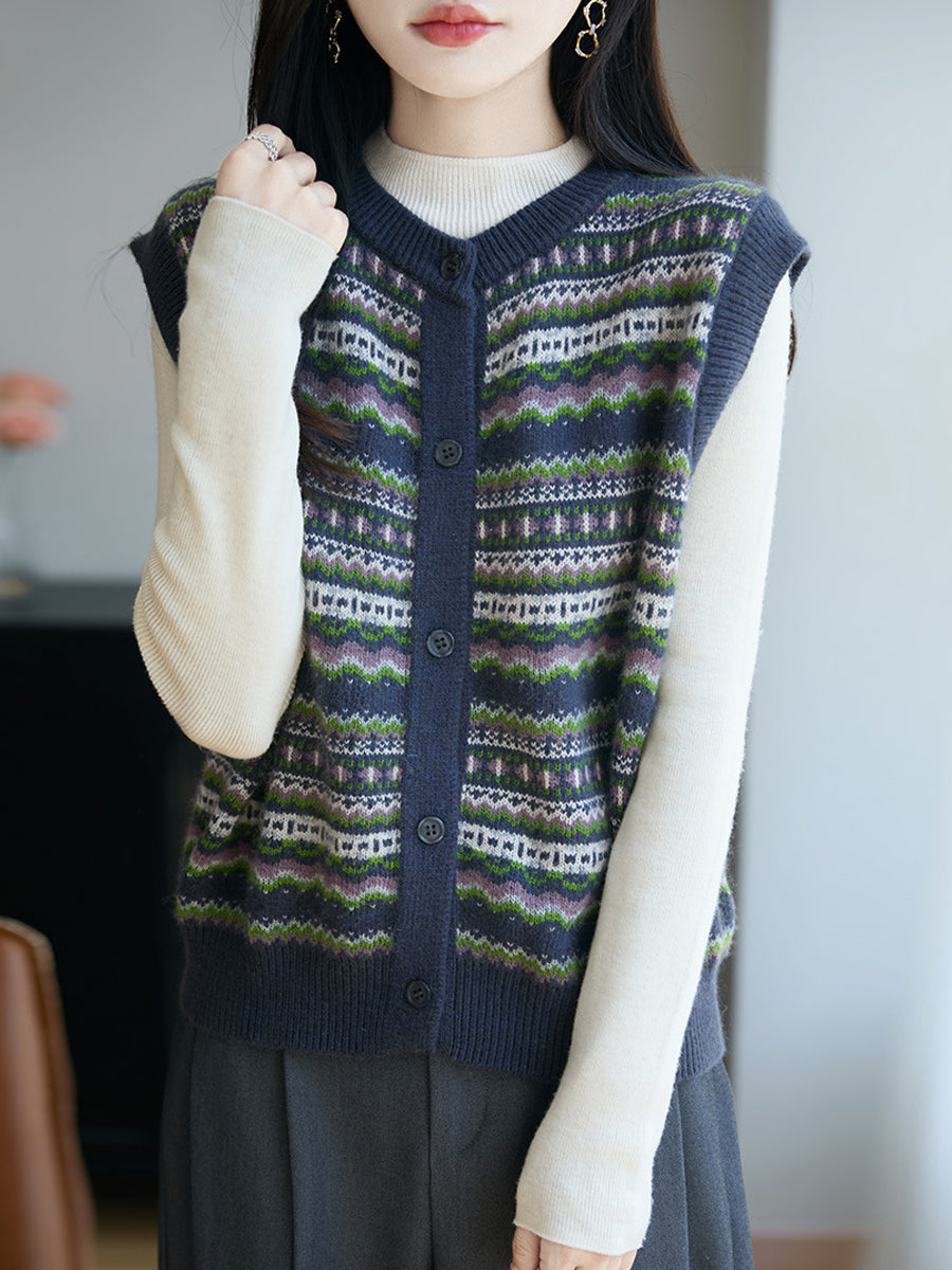 Women Autumn Vintage Stripe O-Neck Knitted Vest