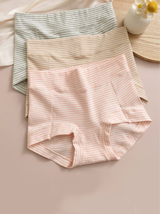 6 Pieces Women Casual Stripe High Waist Cotton Underwear
