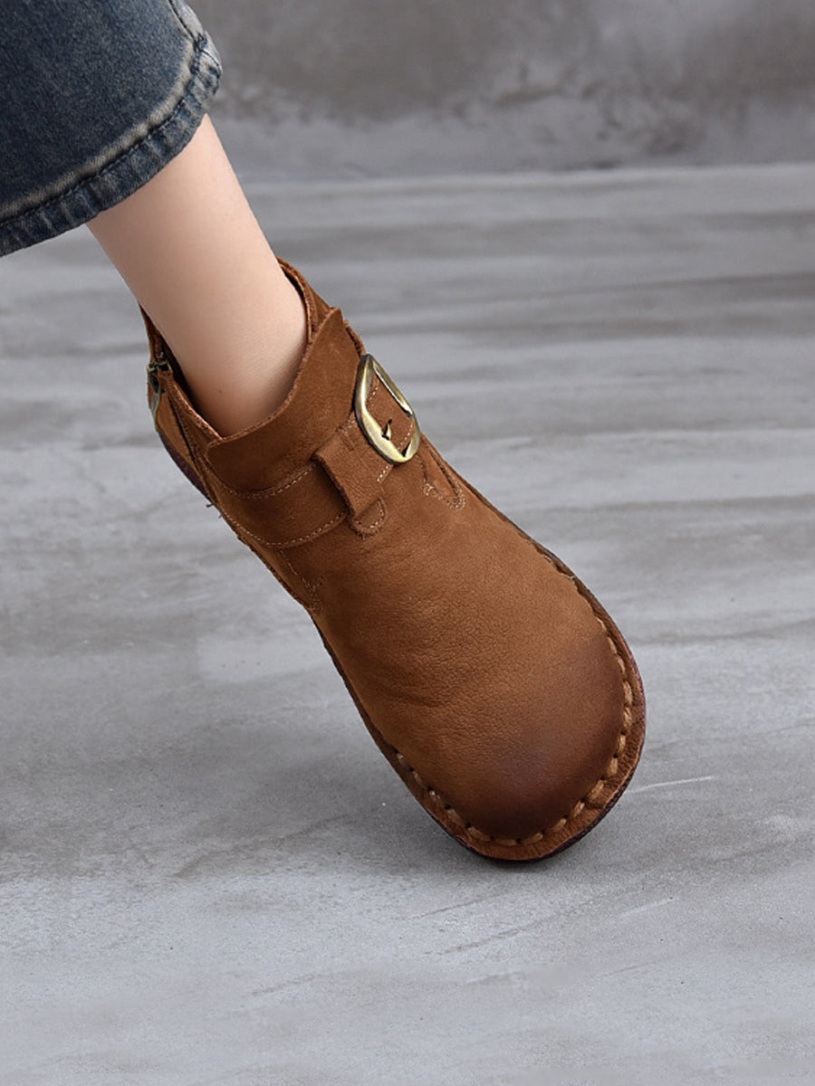Women Vintage Winter Leather Zipper Low Heel Boots