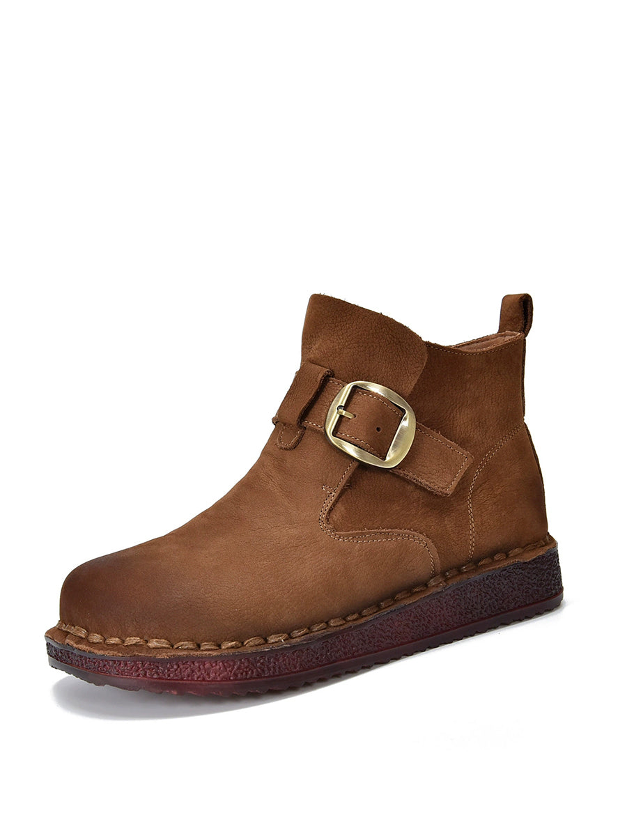 Women Vintage Winter Leather Zipper Low Heel Boots