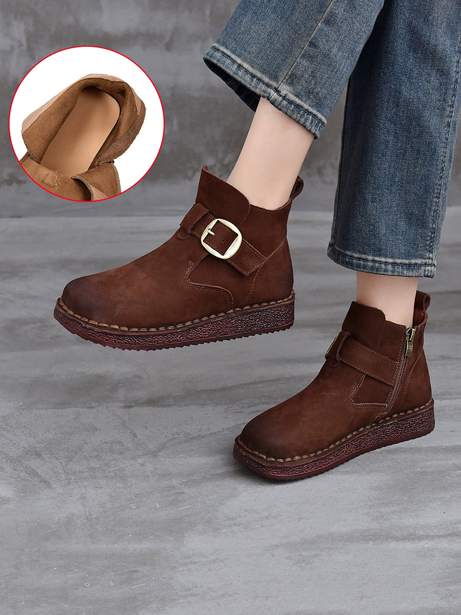 Women Vintage Winter Leather Zipper Low Heel Boots