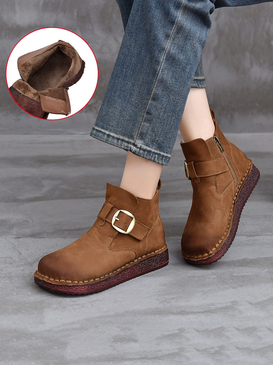 Women Vintage Winter Leather Zipper Low Heel Boots