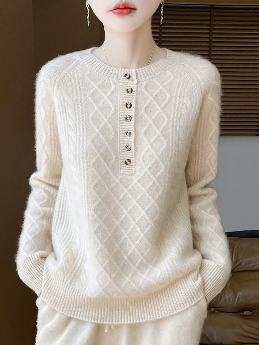 Women Autumn Vintage Rhomboids Wool O-Neck Sweater