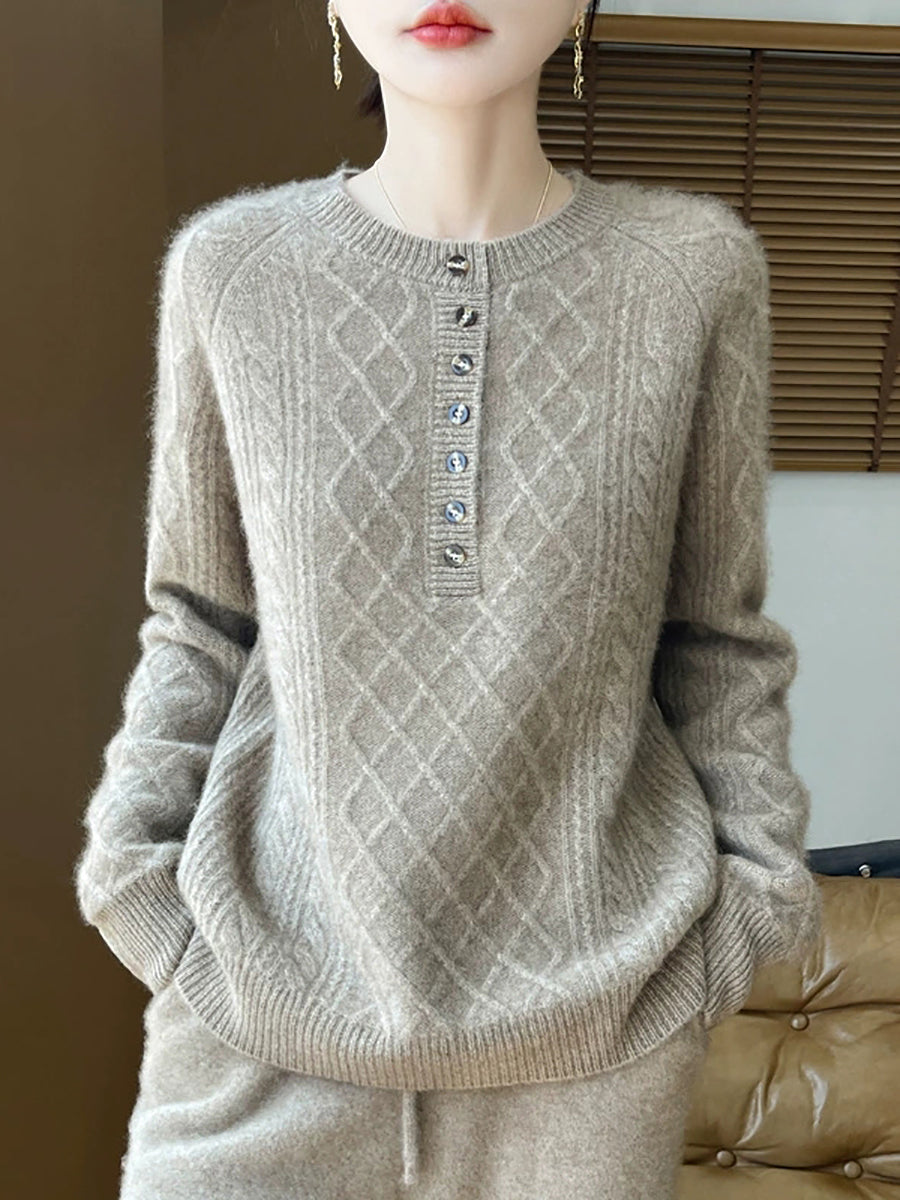 Women Autumn Vintage Rhomboids Wool O-Neck Sweater