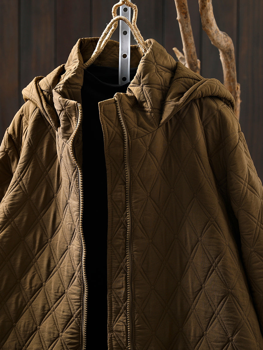 Women Autumn Casual Rhomboids Hooded Cotton Coat