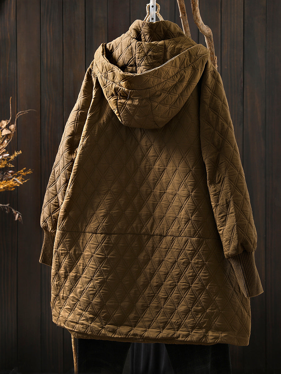 Women Autumn Casual Rhomboids Hooded Cotton Coat