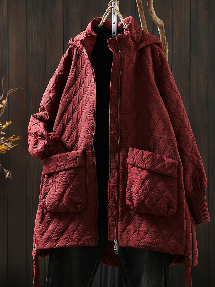 Women Autumn Casual Rhomboids Hooded Cotton Coat