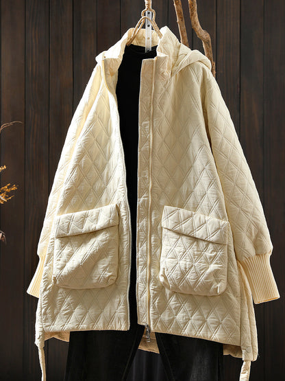 Women Autumn Casual Rhomboids Hooded Cotton Coat
