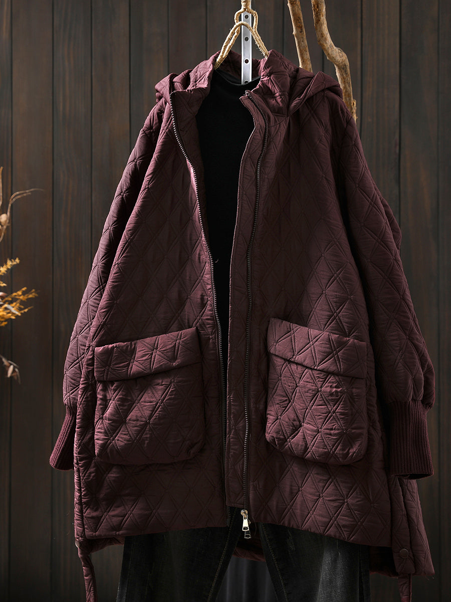 Women Autumn Casual Rhomboids Hooded Cotton Coat
