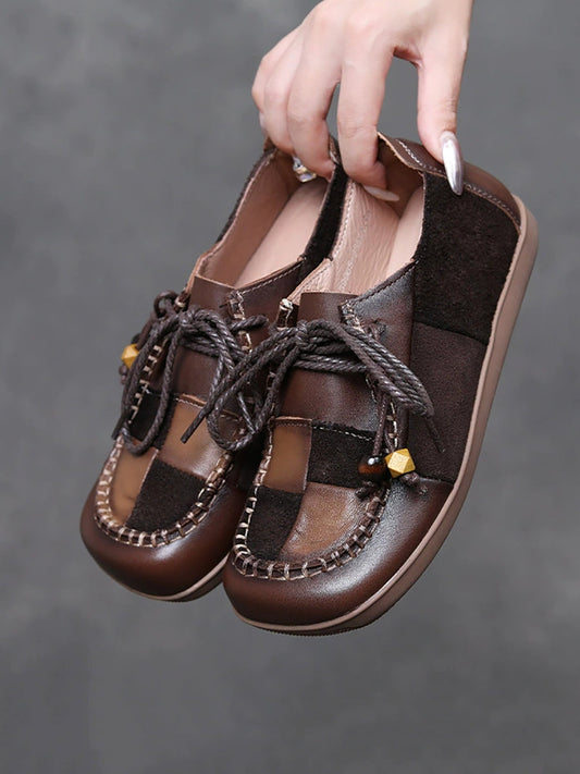 Women Retro Genuine Leather Plaid Spliced Flat Shoes