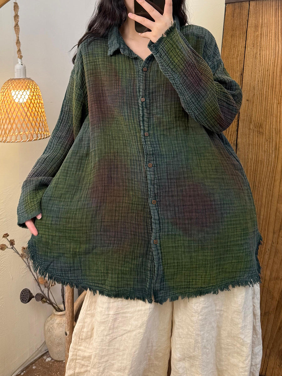 Women Autumn Retro Tie-dye Turn-down Collar Cotton Shirt