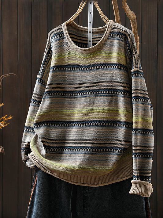 Women Autumn Retro Stripe O-Neck Knitted Sweater