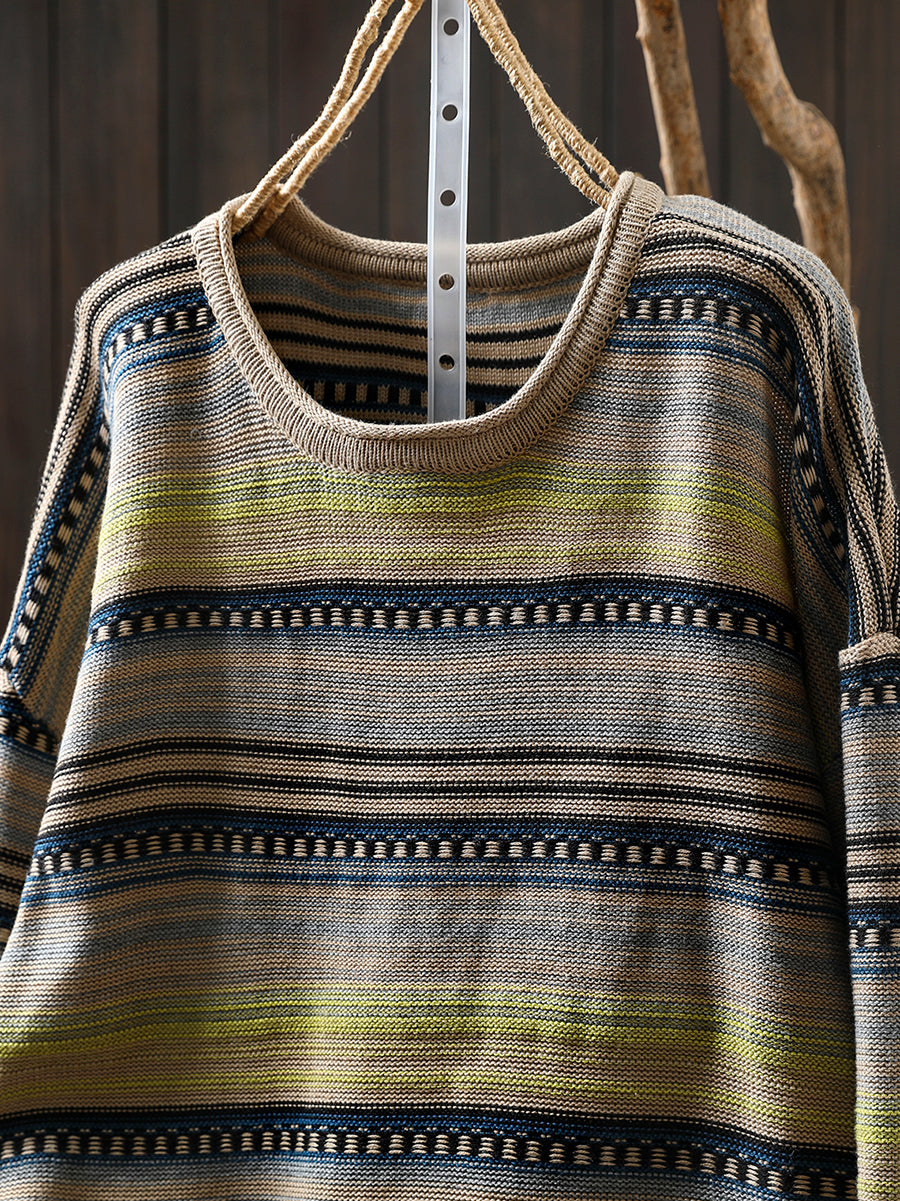 Women Autumn Retro Stripe O-Neck Knitted Sweater