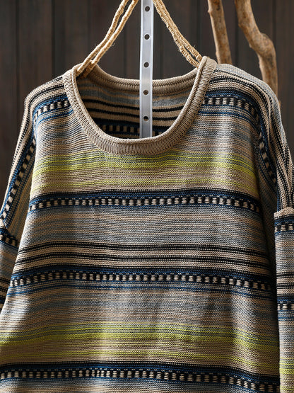 Women Autumn Retro Stripe O-Neck Knitted Sweater