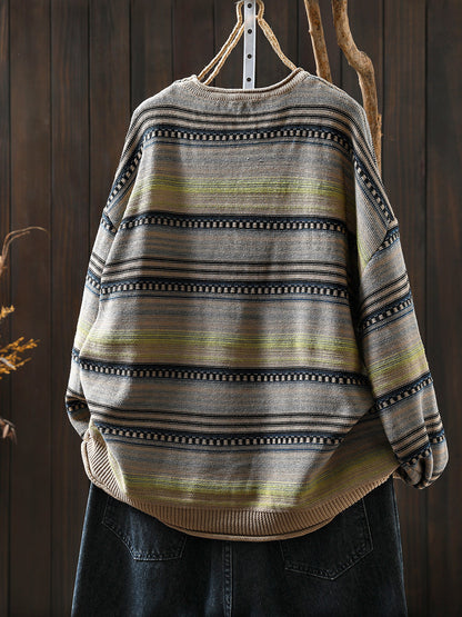 Women Autumn Retro Stripe O-Neck Knitted Sweater