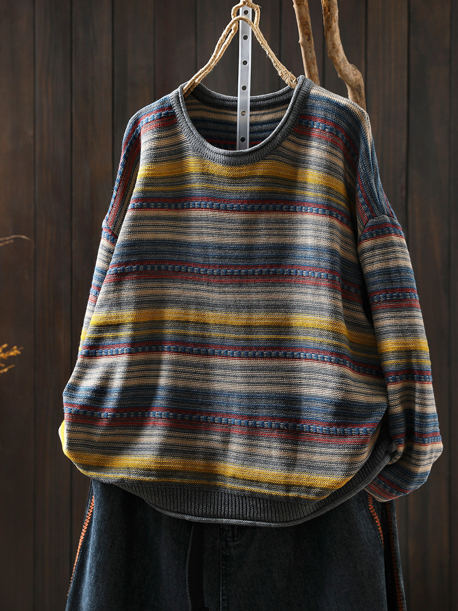 Women Autumn Retro Stripe O-Neck Knitted Sweater