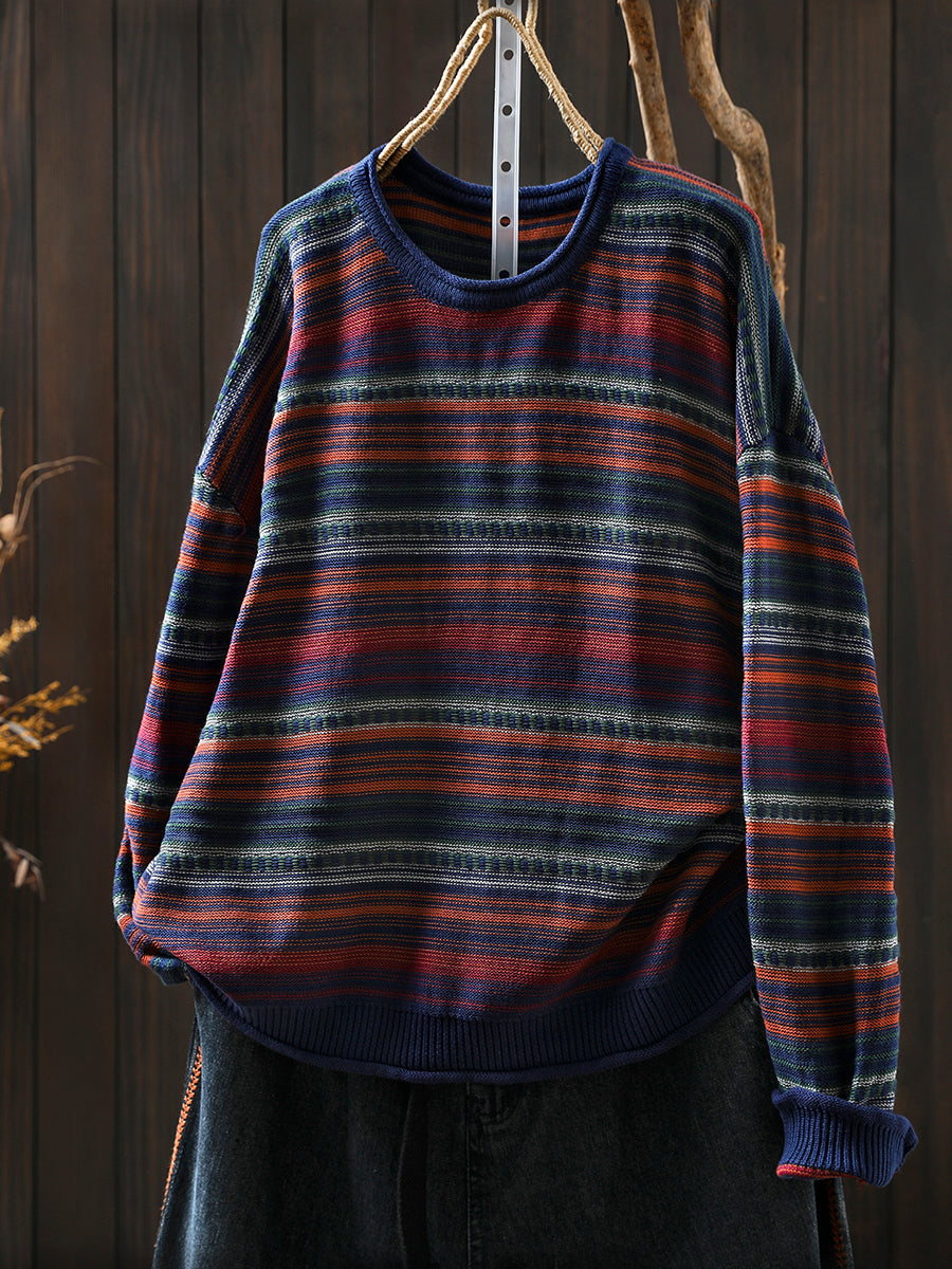 Women Autumn Retro Stripe O-Neck Knitted Sweater