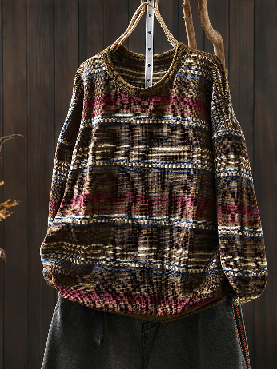 Women Autumn Retro Stripe O-Neck Knitted Sweater