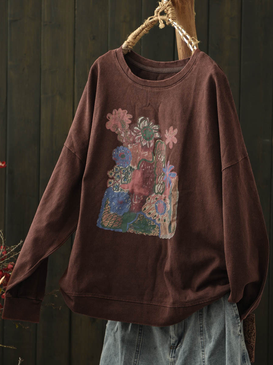 Women Autumn Artsy Flower O-Neck Cotton Blouse