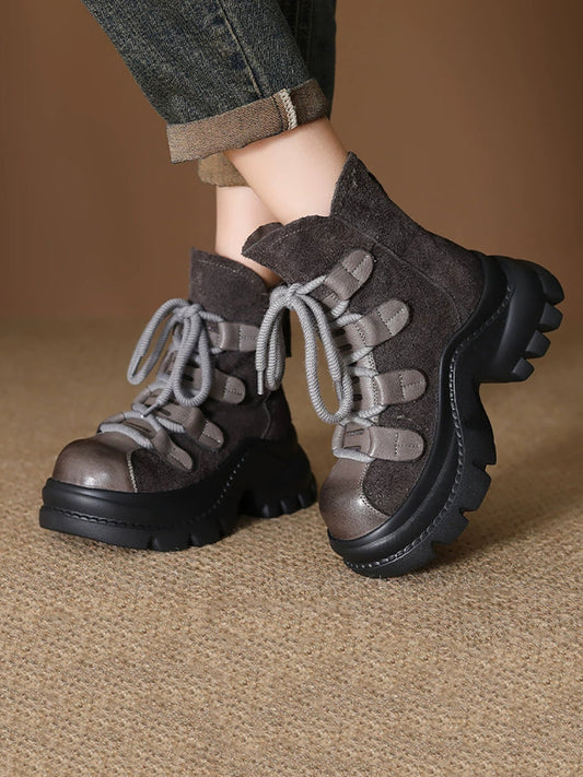 Women Suede Leather Spliced Platform Martin Boots